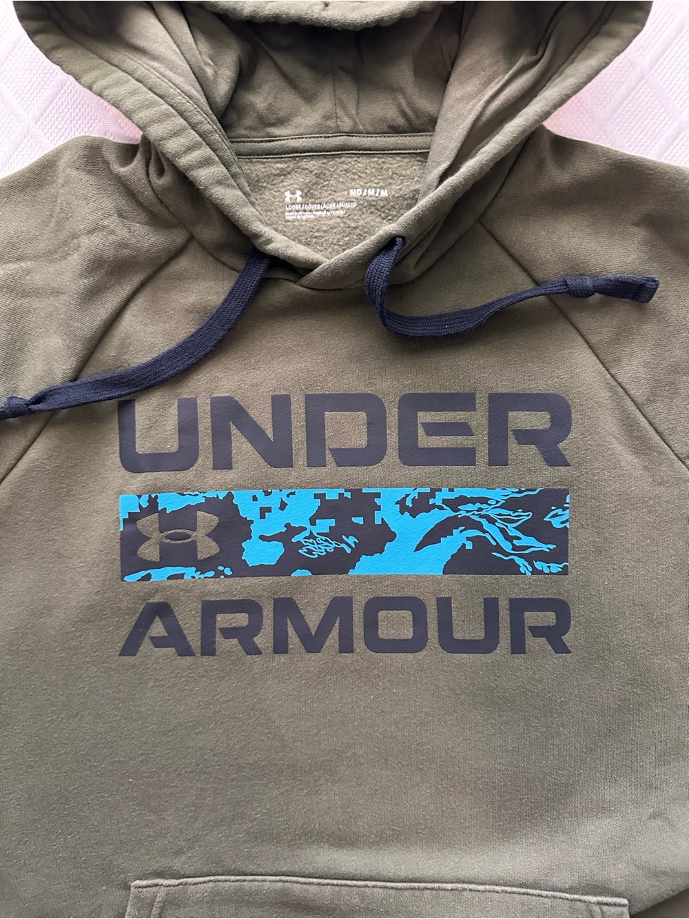 Under Armour Olive Green Pullover Hoodie with Blue Logo Accent - Picture 3 of 4